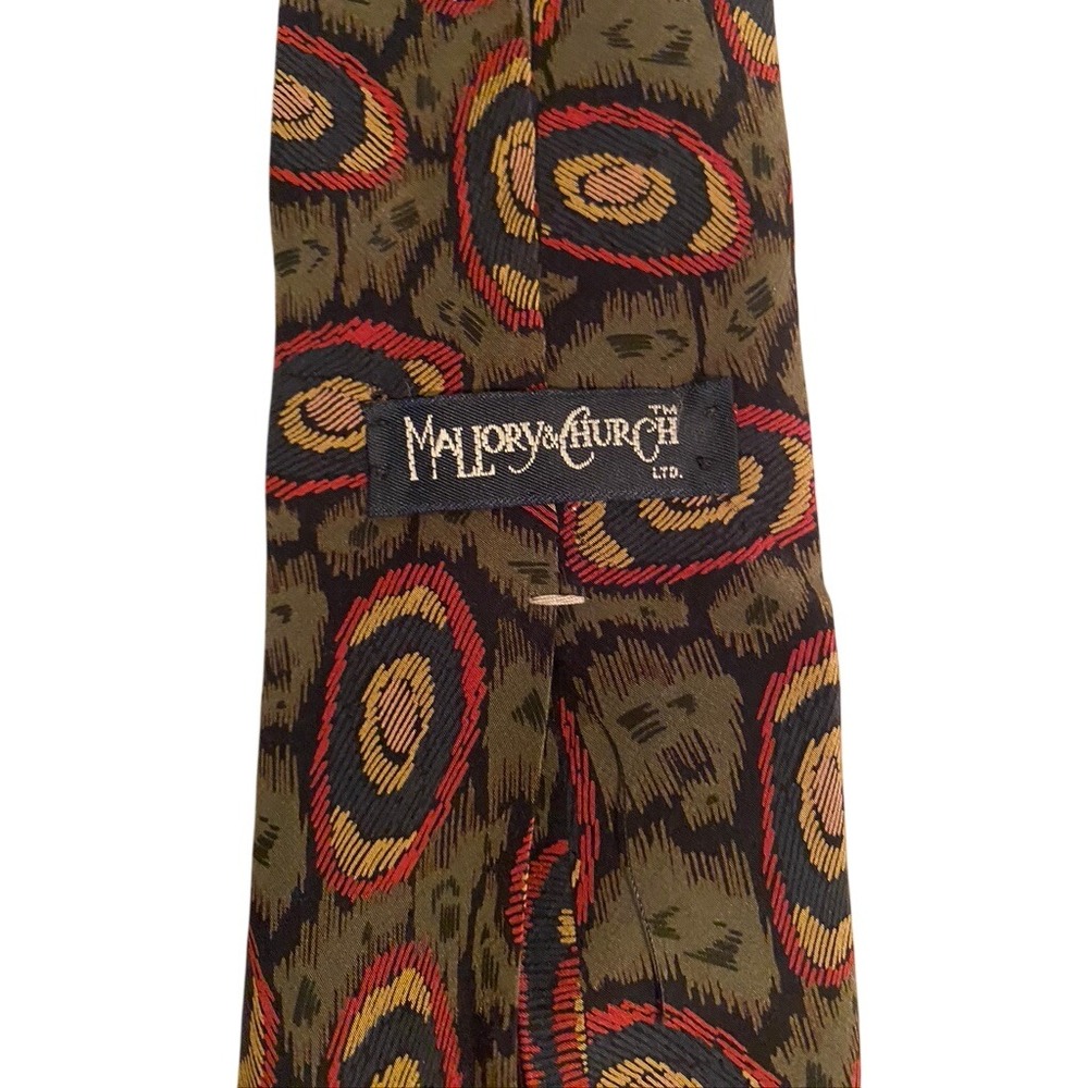 Mallory & Church Mens Silk Tie Abstract Geometric Ovals Olive Green Red USA Made